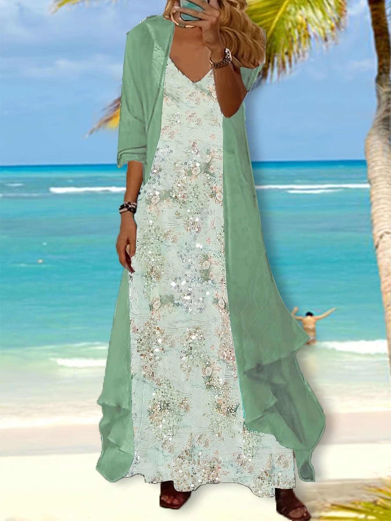 Holiday Floral Print Dress Chiffon Cardigan Two-piece Set