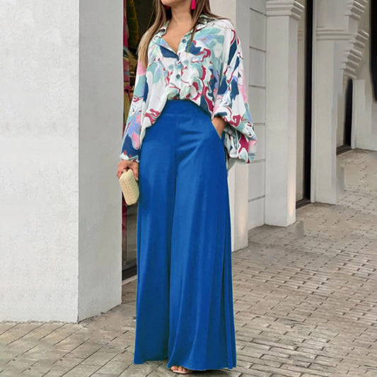 Women's Casual Printed Shirt & Wide Leg Pants Set – Loose Fit Elegant 2-Piece Fashion Outfit