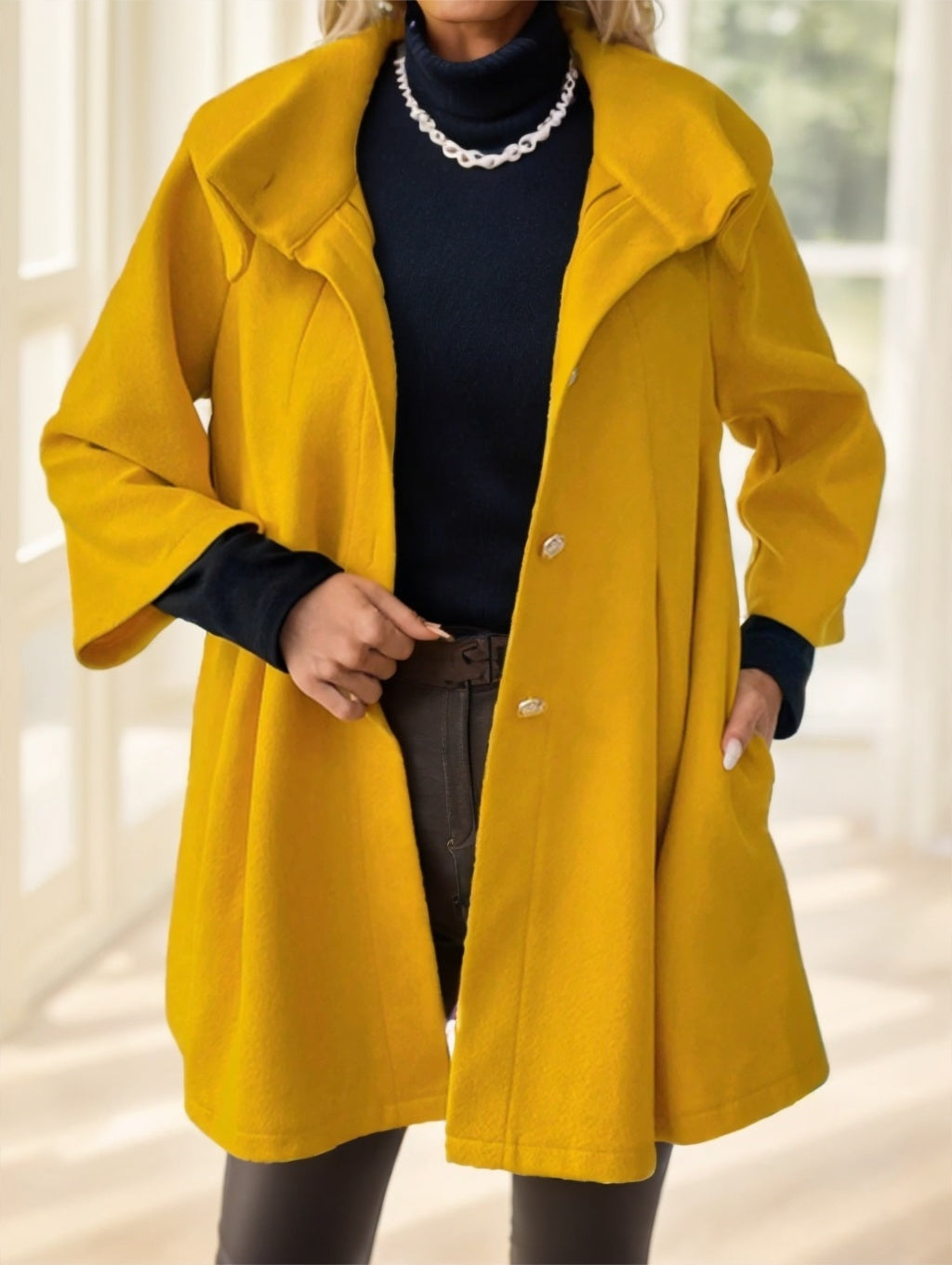 Women Plain Color Block Front Button Long Sleeve Casual Jacket