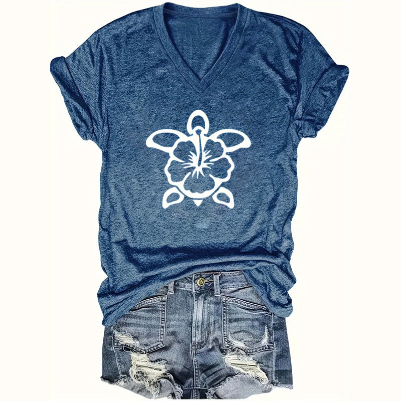 Women's V-Neck Short Sleeve T-Shirt - Cute Turtle Graphic Casual Summer Top