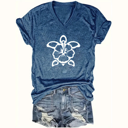 Women's V-Neck Short Sleeve T-Shirt - Cute Turtle Graphic Casual Summer Top