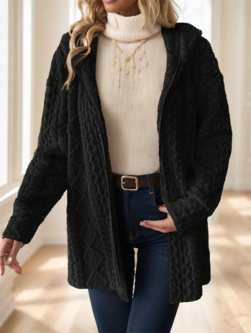 Women Solid Color Long Sleeve Hooded Textured Fleece Jacket For Winter