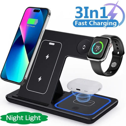 3-in-1 Fast Wireless Charger – 15W Foldable Charging Stand for iPhone 15–11, Apple Watch, AirPods Pro