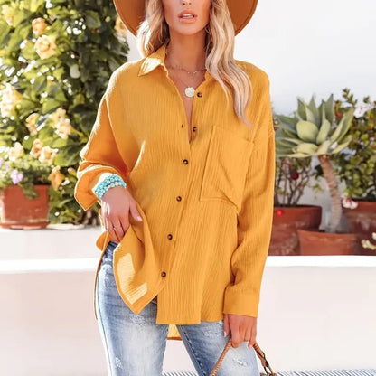 Women's Solid V-Neck Long Sleeve Blouse – Textured Button-Up Casual Shirt for Spring & Fall