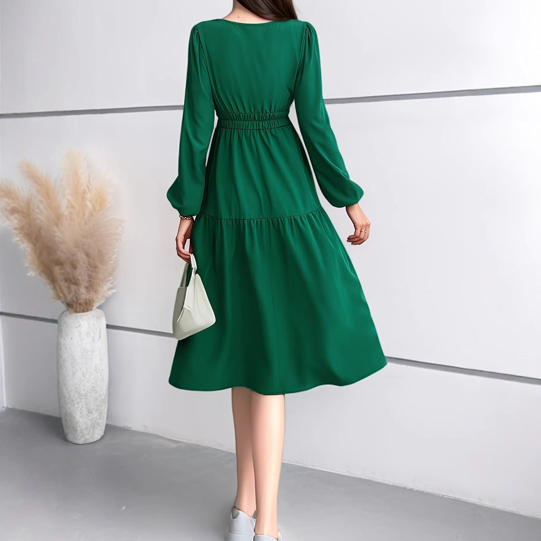 Women's V-Neck Long Sleeve Waist Dress – Solid Color Elegant Midi Dress