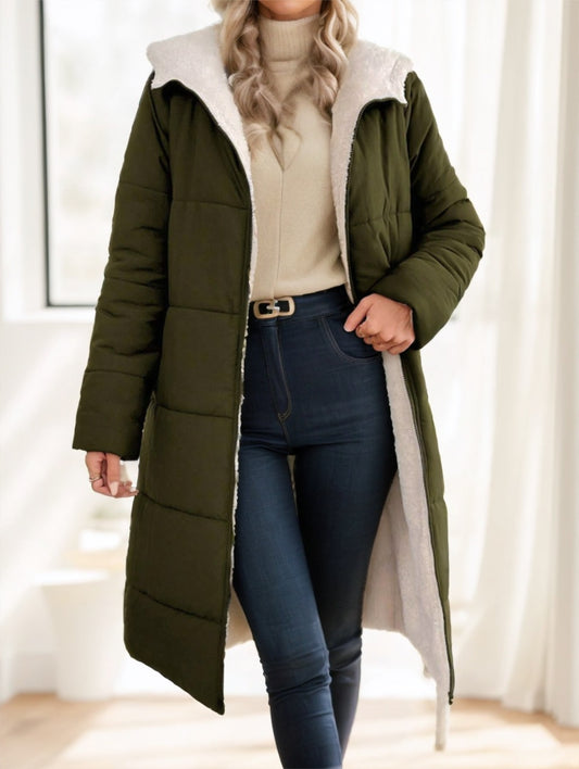 Women's Winter Padded Coat - Long Sleeve Zip-Up Hooded Jacket (Cotton Blend)