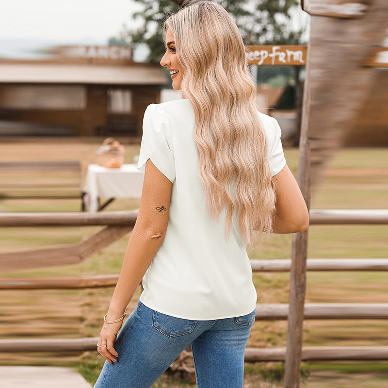 Women's Solid Color V-Neck Chiffon Blouse – Dressy Pullover Top