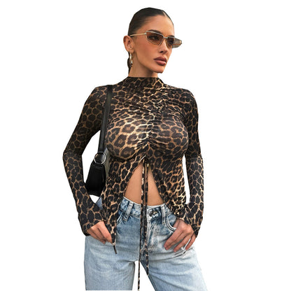 Women's Leopard Print Drawstring Shirt – Long Sleeve Slim Fit Top for Casual or Party Wear
