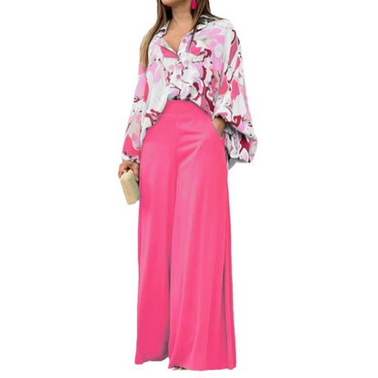 Women's Casual Printed Shirt & Wide Leg Pants Set – Loose Fit Elegant 2-Piece Fashion Outfit