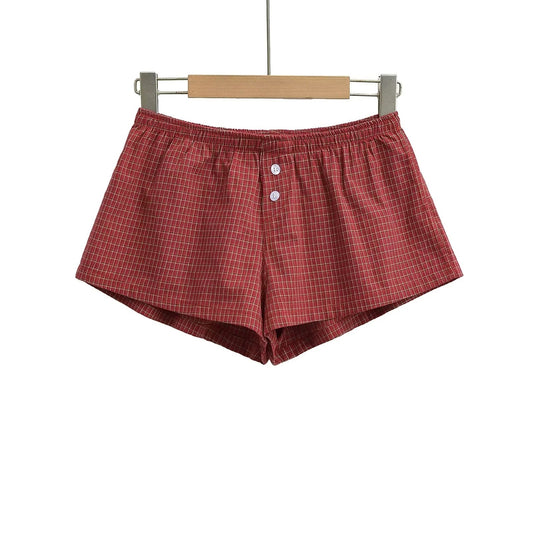 Women's Loose Plaid Shorts - High Waisted Wide Leg Hot Pants with Elastic Waist