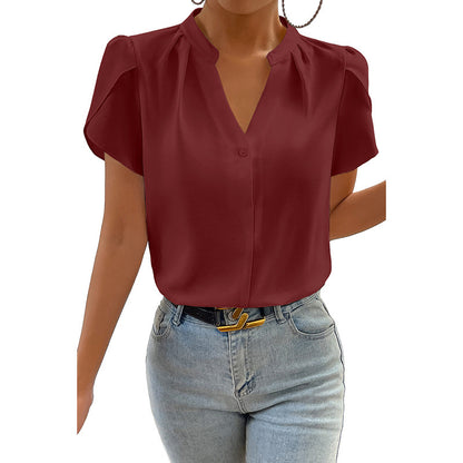 Women's Solid Color V-Neck Chiffon Blouse – Dressy Pullover Top