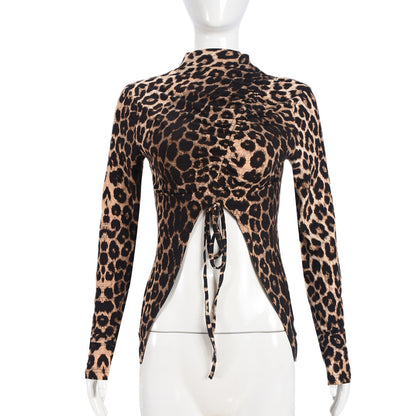 Women's Leopard Print Drawstring Shirt – Long Sleeve Slim Fit Top for Casual or Party Wear
