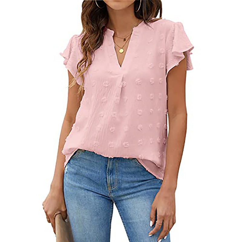 Women's Summer V-Neck Ruffle Short Sleeve Blouse – Business & Casual Office Top