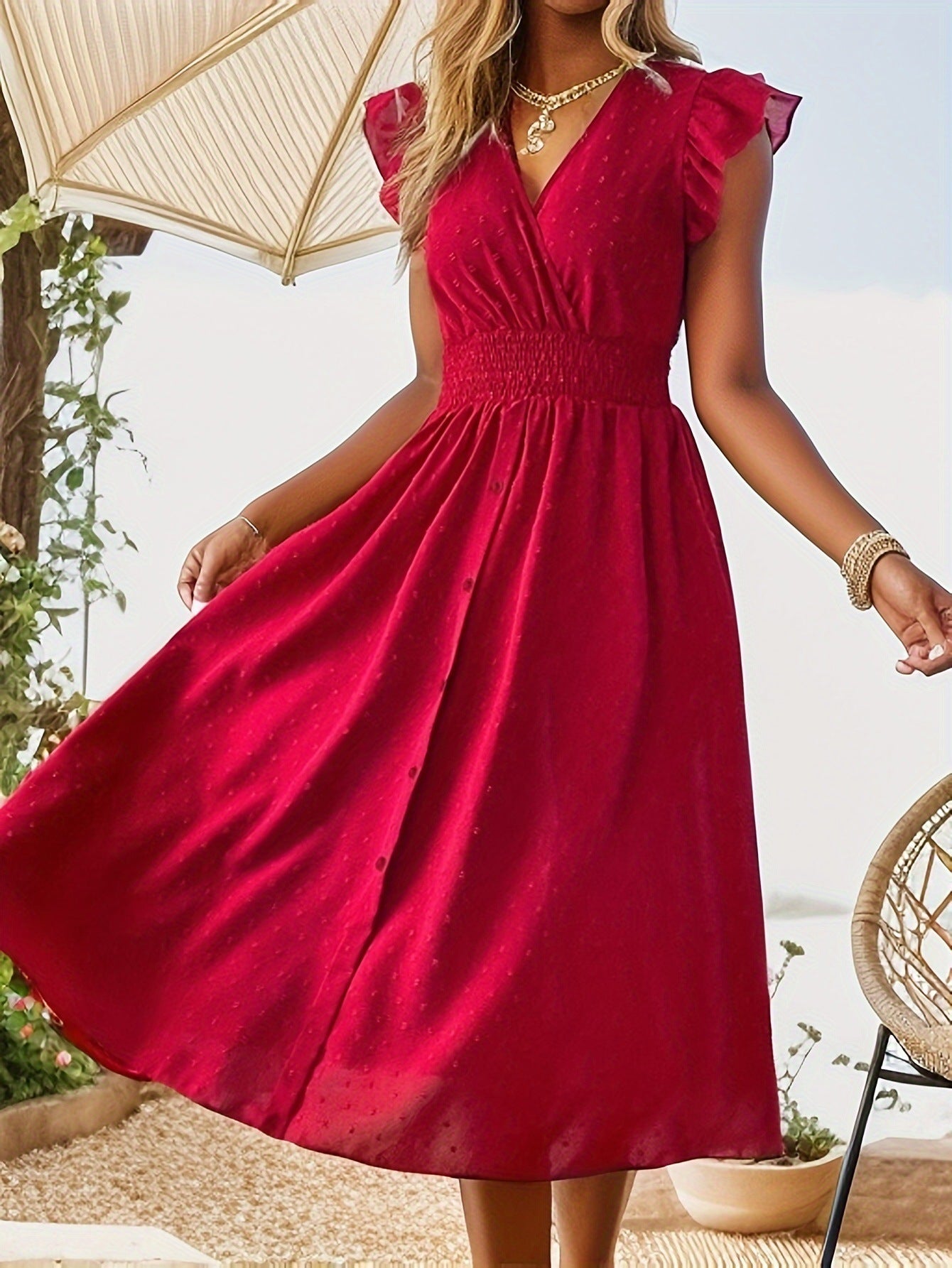 Women's Elegant V-Neck Maxi Dress – Summer Short Sleeve Dress with Ruffled Sleeves