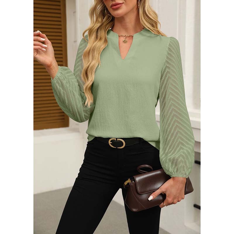 Women's Lace Long Sleeve Chiffon Blouse – V-Neck Dressy Casual Top for Business & Work