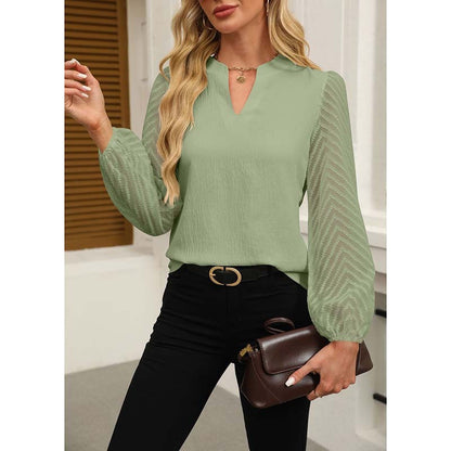Women's Lace Long Sleeve Chiffon Blouse – V-Neck Dressy Casual Top for Business & Work