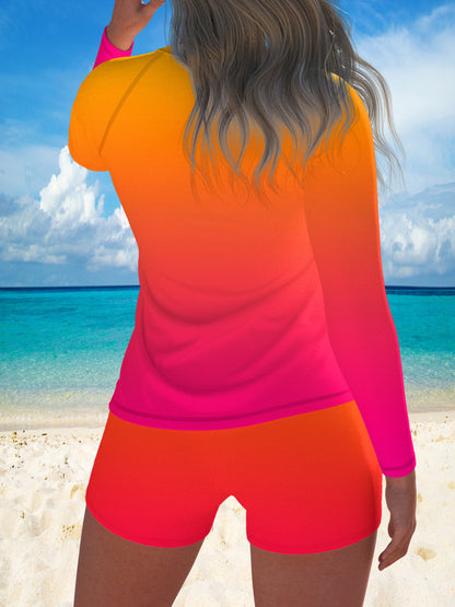 Women's Blue Long Sleeve Split Swimsuit – Sexy Fitted Beach Surf Suit for Outdoor Swimming