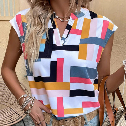 Women's Geometric Print V-Neck T-Shirt – Dressy Casual Cap Sleeve Summer Top