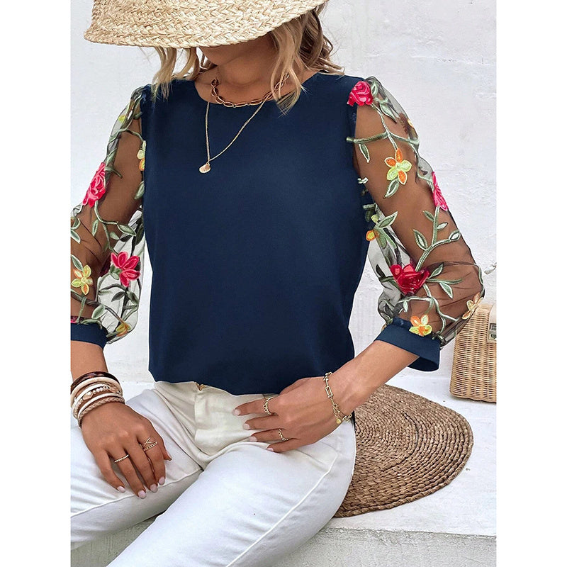 Women’s Floral Embroidered Mesh Puff Sleeve Crew Neck Tee Top