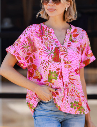 Rose Jungle Floral Print Notch V Neck Blouse