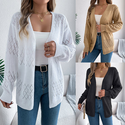 Women's Hollow-Out Lantern Sleeve Cardigan - Long Sleeve Open Knit Cover-Up