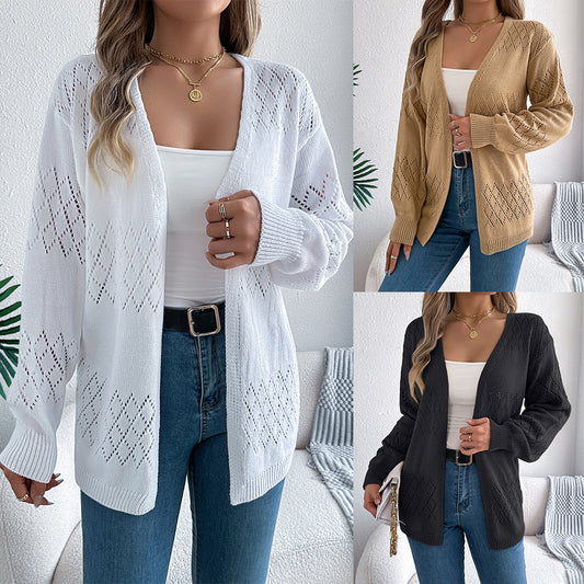 Women's Hollow-Out Lantern Sleeve Cardigan - Long Sleeve Open Knit Cover-Up