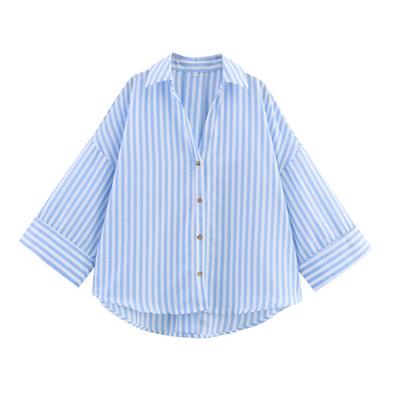 Women's Striped Lapel Shirt - Casual Wide Sleeve Blouse for All-Matching Outfits