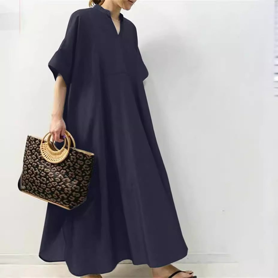 Women's Solid Color Long Dress – Half Sleeve Elegant Maxi Dress for Casual & Formal Wear