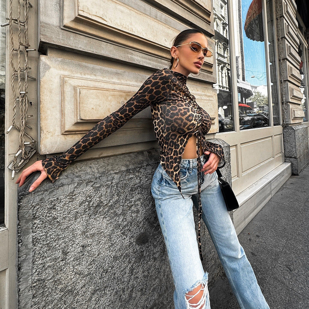 Women's Leopard Print Drawstring Shirt – Long Sleeve Slim Fit Top for Casual or Party Wear