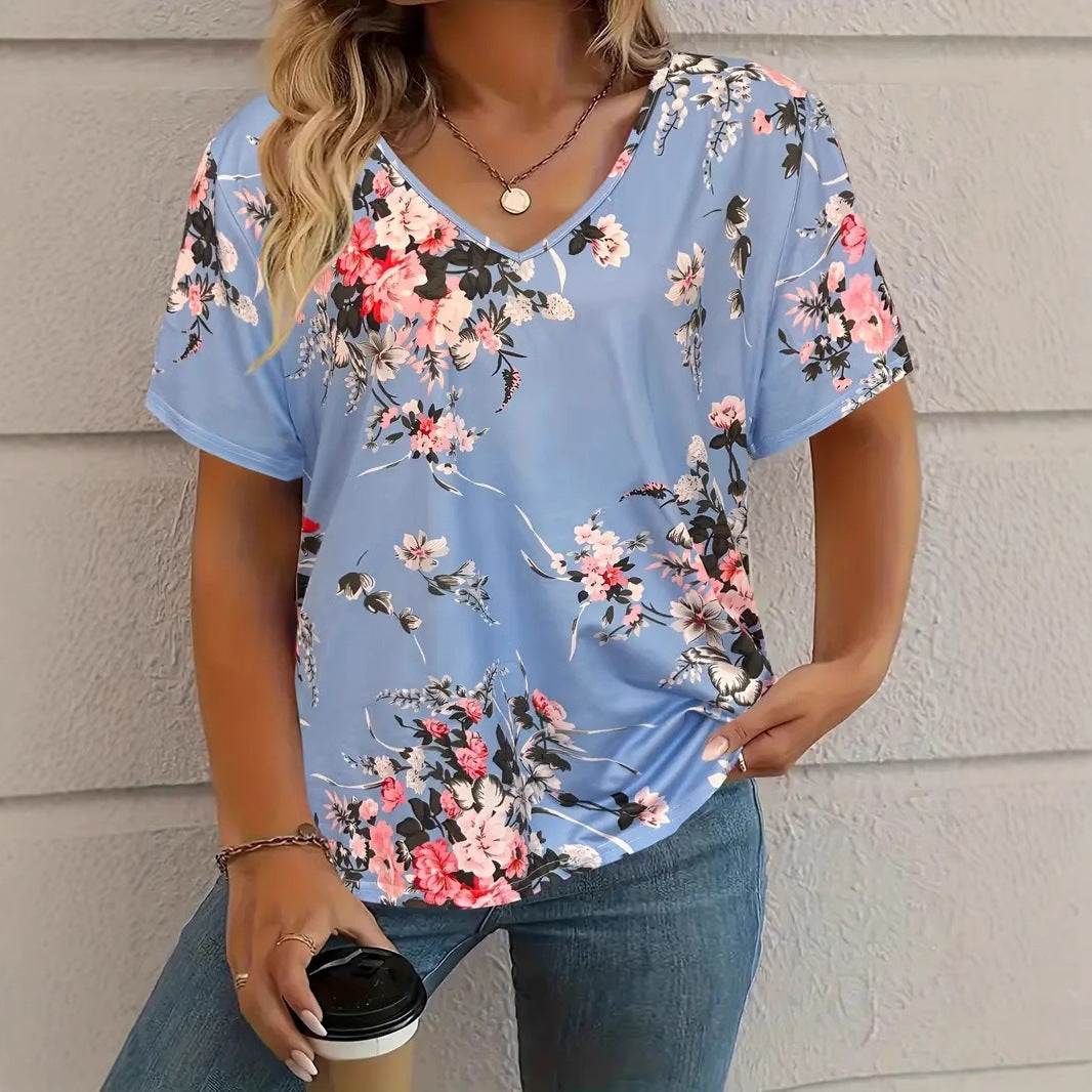 Women's V-Neck Short Sleeve T-Shirt – Comfortable Fashion Tee with Animal & Plant Print