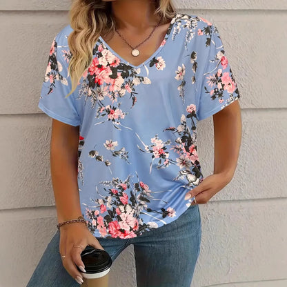 Women's V-Neck Short Sleeve T-Shirt – Comfortable Fashion Tee with Animal & Plant Print