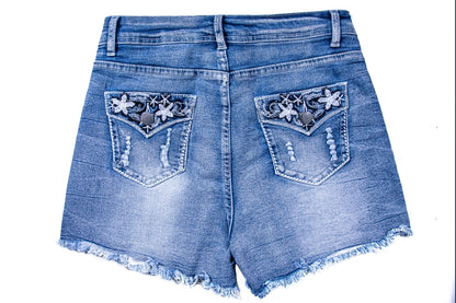 Women's Mid-High Rise Ripped Denim Shorts – Distressed Stretchy Jean Shorts for Summer