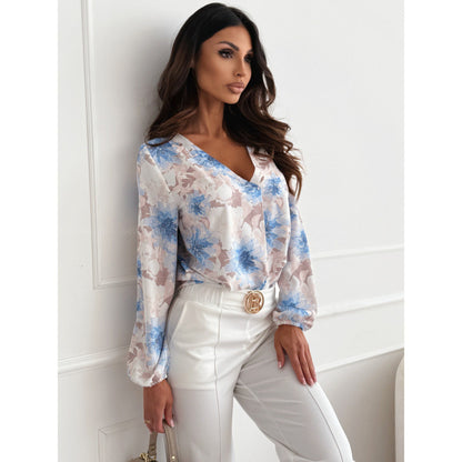 Women's All-match Long-sleeved V-neck Printed Shirt