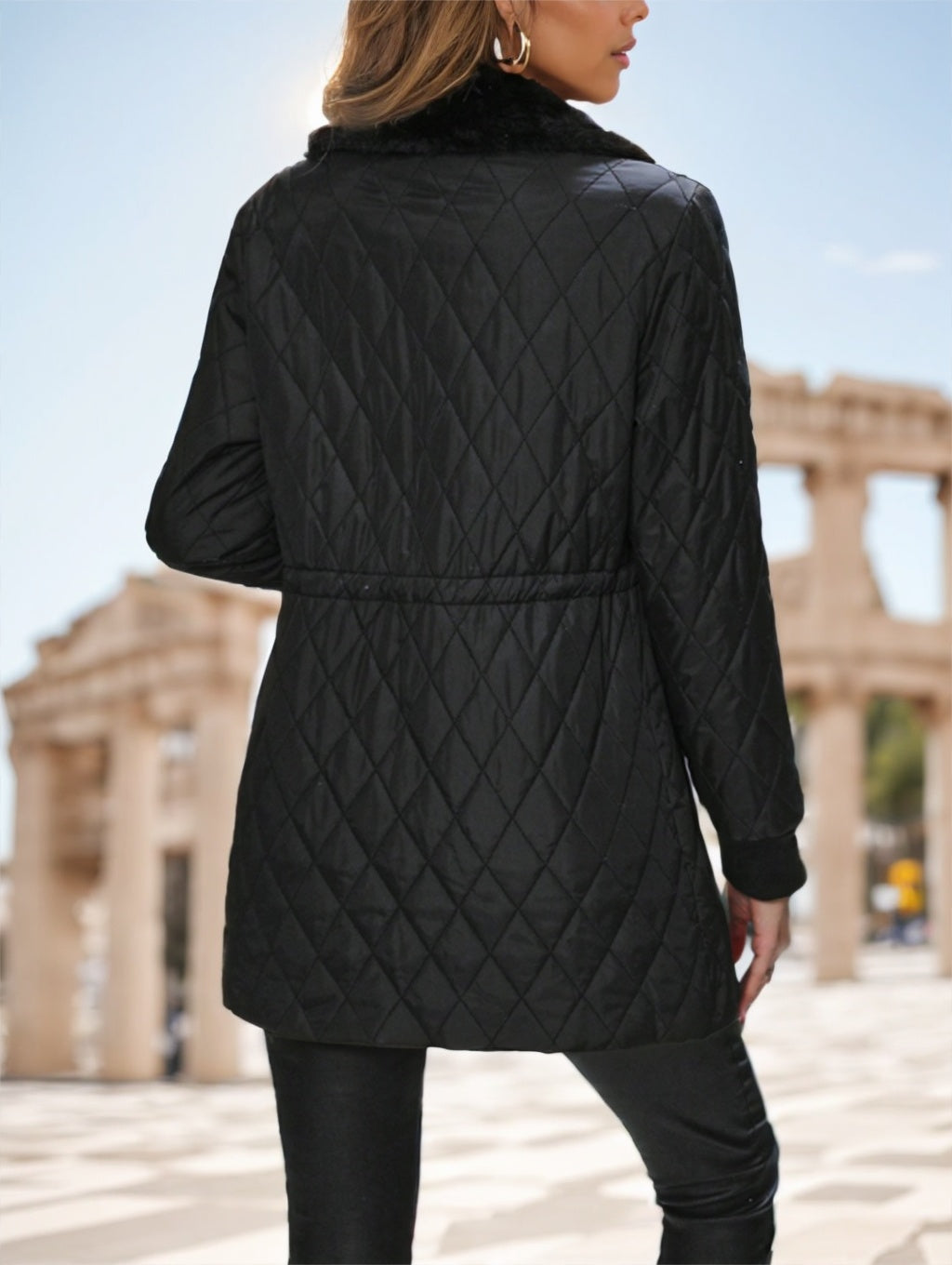 Women's Casual Winter Padded Coat – Contrast-Color Design with Fur Collar & Drawstring Waist