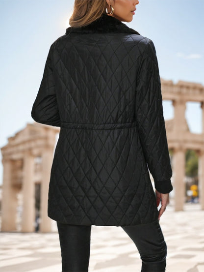 Women's Casual Winter Padded Coat – Contrast-Color Design with Fur Collar & Drawstring Waist