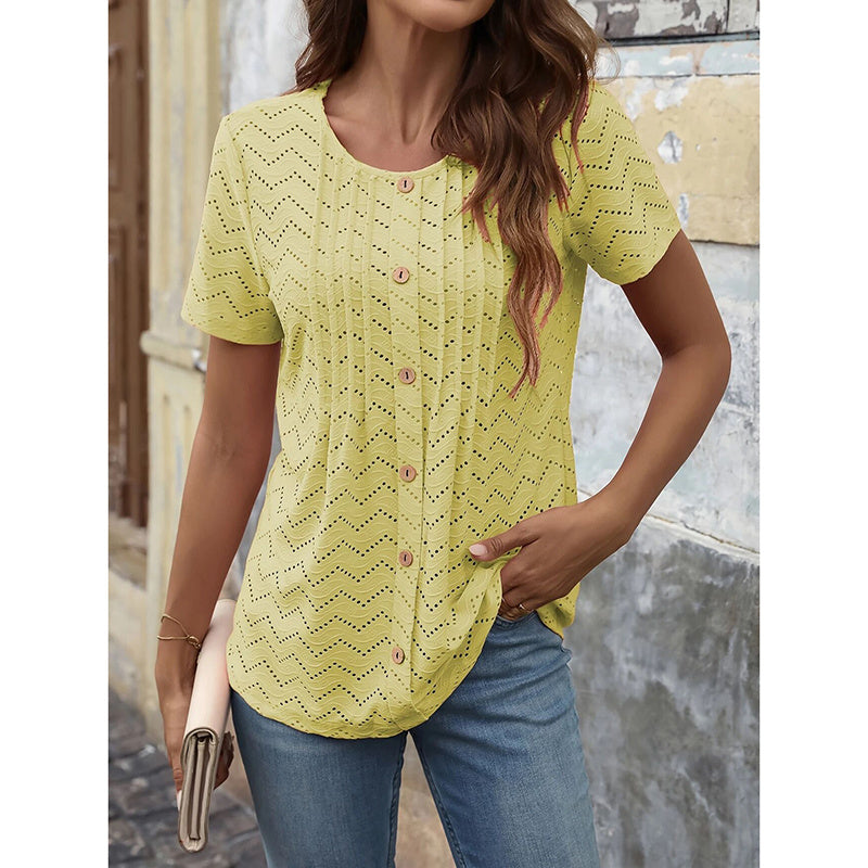 Women's Summer Pleated Button Short Sleeve T-Shirt Summer Crew Neck Solid Color Casual Top
