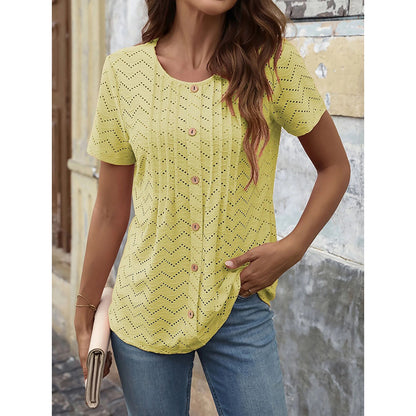 Women's Summer Pleated Button Short Sleeve T-Shirt Summer Crew Neck Solid Color Casual Top