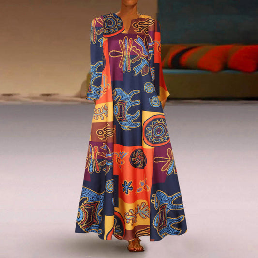 Women's V-Neck Long Sleeve Printed Dress with Pockets – Casual & Comfortable Maxi Dress