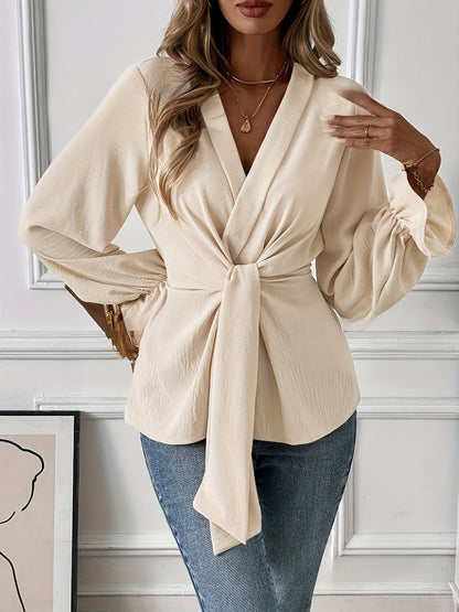 Women's Solid Color V-Neck Long Sleeve Shirt – Elegant Casual Blouse for Office & Daily Wear