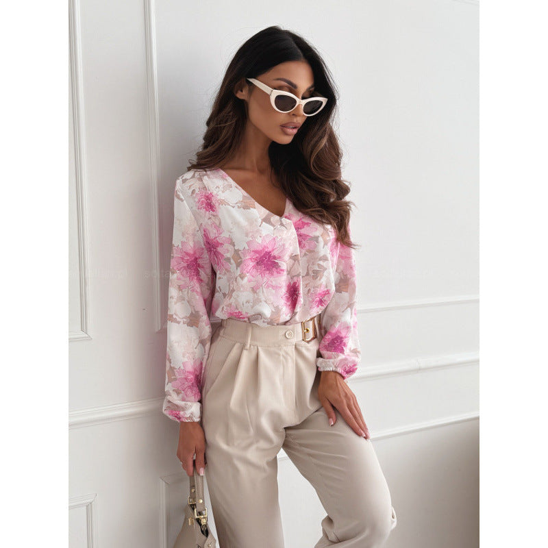 Women's All-match Long-sleeved V-neck Printed Shirt