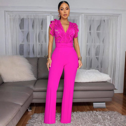 Women's Sleeveless Fitness Jumpsuit – Personalized Line Design, Lace Stitching, Sports Activewear