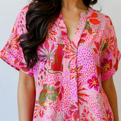 Rose Jungle Floral Print Notch V Neck Blouse