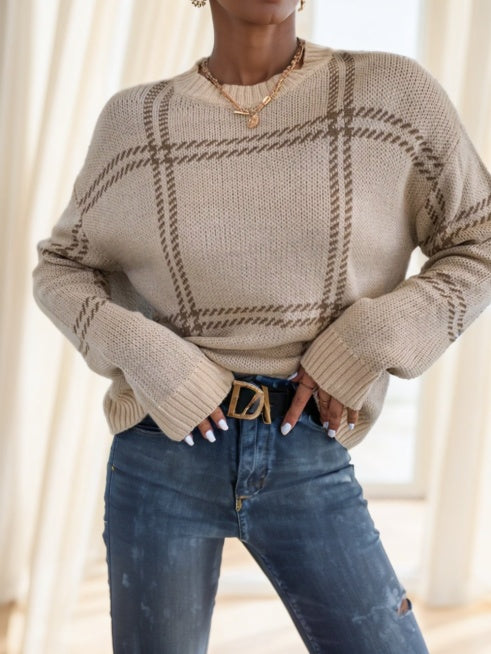 Plaid Pattern Drop Shoulder Sweater Long Sleeve Tops