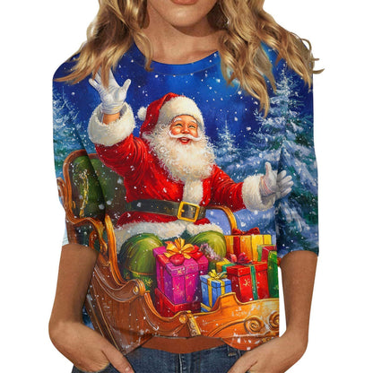 Women's Christmas T-Shirt – Festive 3/4 Sleeve Round Neck Holiday Top