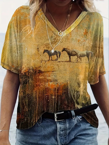 Women's V-Neck Short Sleeve T-Shirt – Comfortable Fashion Tee with Animal & Plant Print