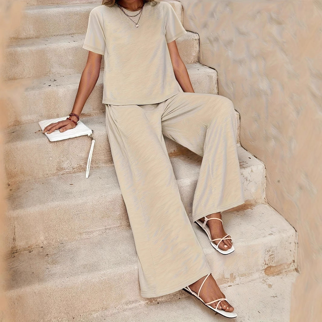 Women's Casual Solid Color Top & Wide Leg Pants Set - Stylish Two-Piece Outfit
