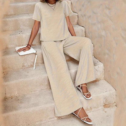 Women's Casual Solid Color Top & Wide Leg Pants Set - Stylish Two-Piece Outfit