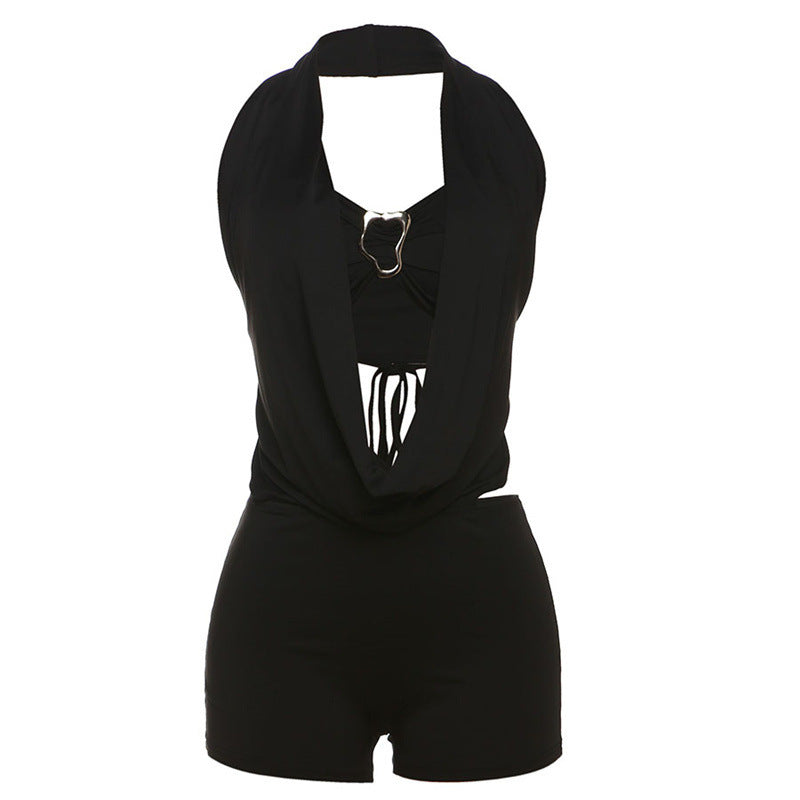 Women's Halter Neck Crop Top & Skinny Shorts Set – Summer 2-Piece Outfit