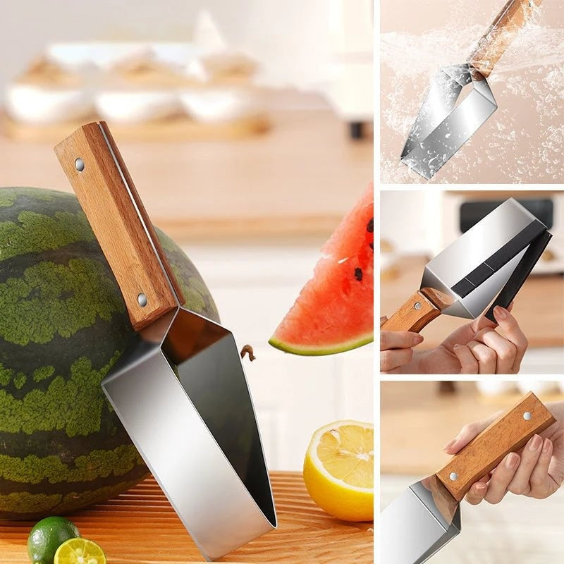430 Stainless Steel Watermelon Cutter – Triangle Fruit Slicer Knife with Safety Cover for Melons, Apples &amp; More