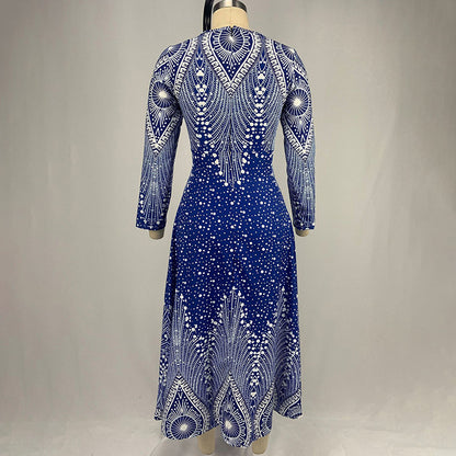 Women's Plus Size Elegant V-Neck Long Sleeve A-Line Dress With Starry Sky Print, Slim-Fit Flowy Maxi Dress For Holiday & Party Wear